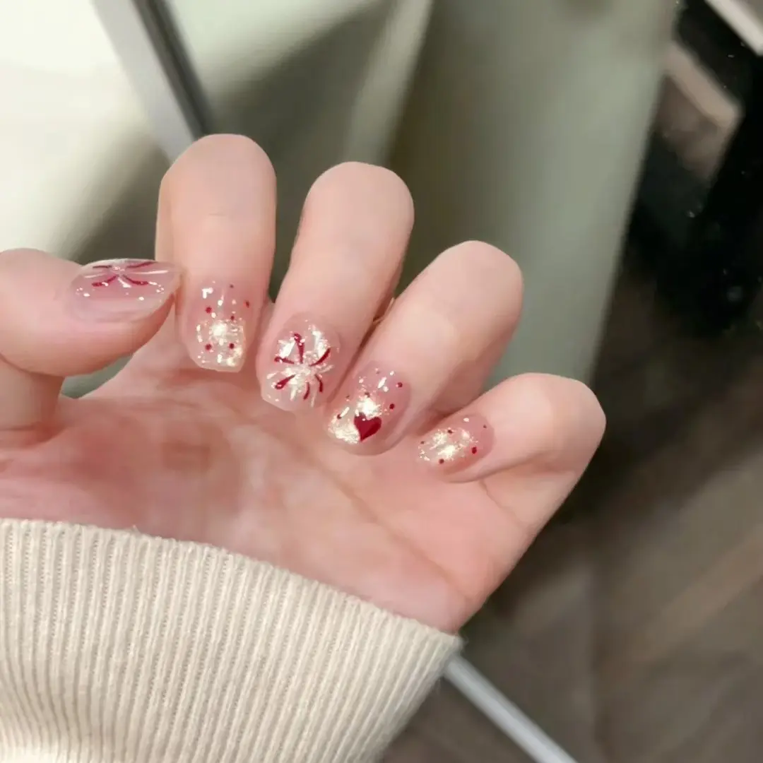 Main Character Energy Clear Nude Short Square Press On Nails Red Firework Heart Gold Foil Glitter Fake Nails Transparent Jelly Base Reusable Glue On Nail Tips For Women Valentine Dating Daily Manicure