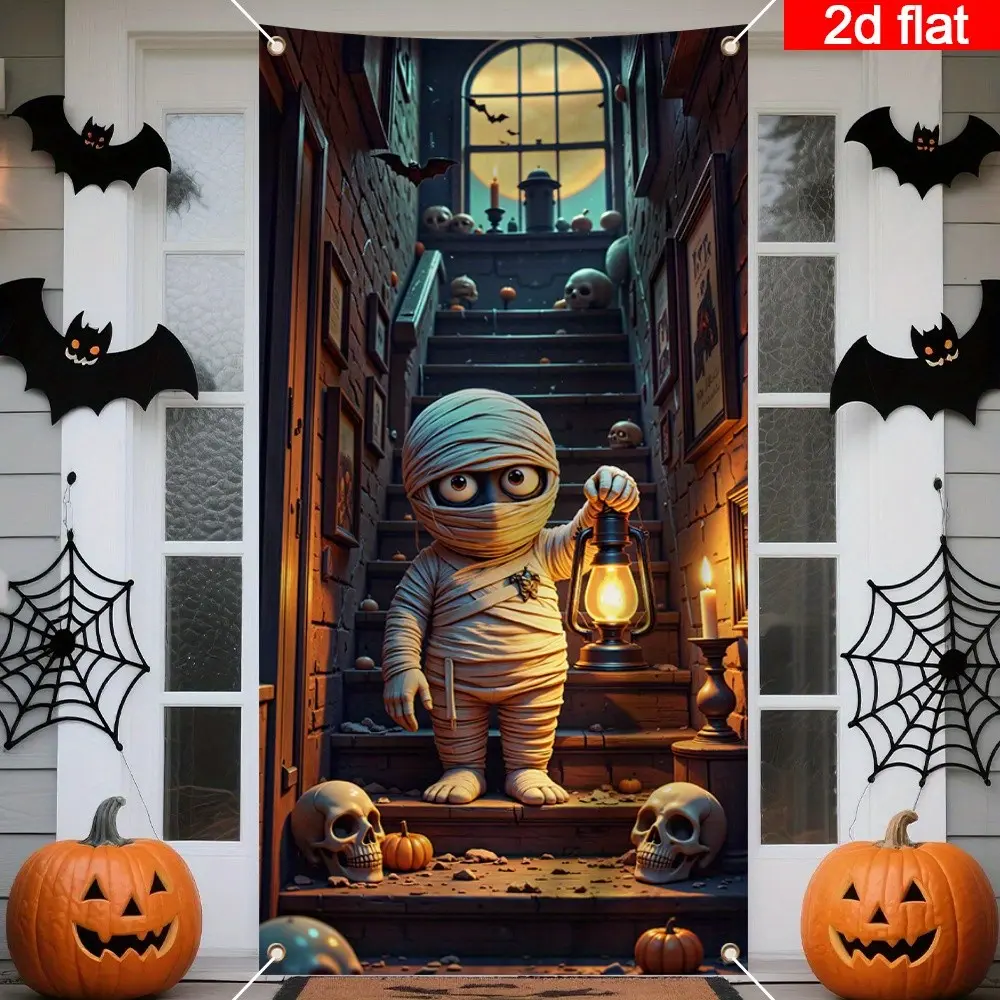 2D Flat Banner 1pc Door Width Cute Mummy Suitable for Halloween Party Decoration Bedroom Decoration Shop Window Photography Background Holiday Celebration Polyester Indoor and Outdoor