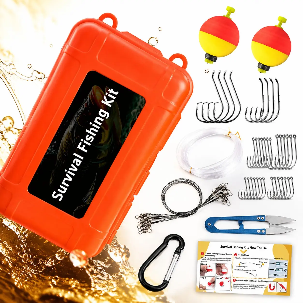 90PCS Portable Survival Fishing Tackle Kit Complete Freshwater Fishing Accessories Set With Floats Mixed Hooks 50M Fishing Line Fishing Leader Scissors Carabiner Storage Box Fishing Gear Accessories For Outdoor Camping Emergency Fishing
