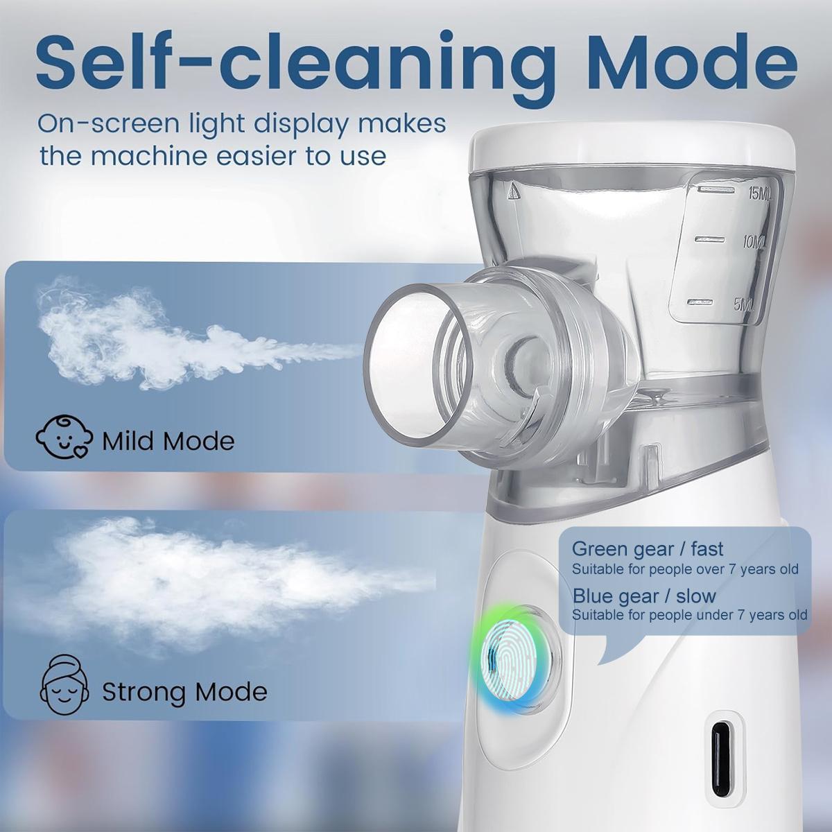 Handheld Ultrasonic Nebulizer, Portable Home Nebulizer, Rechargeable Mesh Nebulizer, Includes Face Mask and Mouthpiece, Features a Compact and Self-Cleaning Design, Suitable for Home Use, Travel, and Respiratory Assistance.