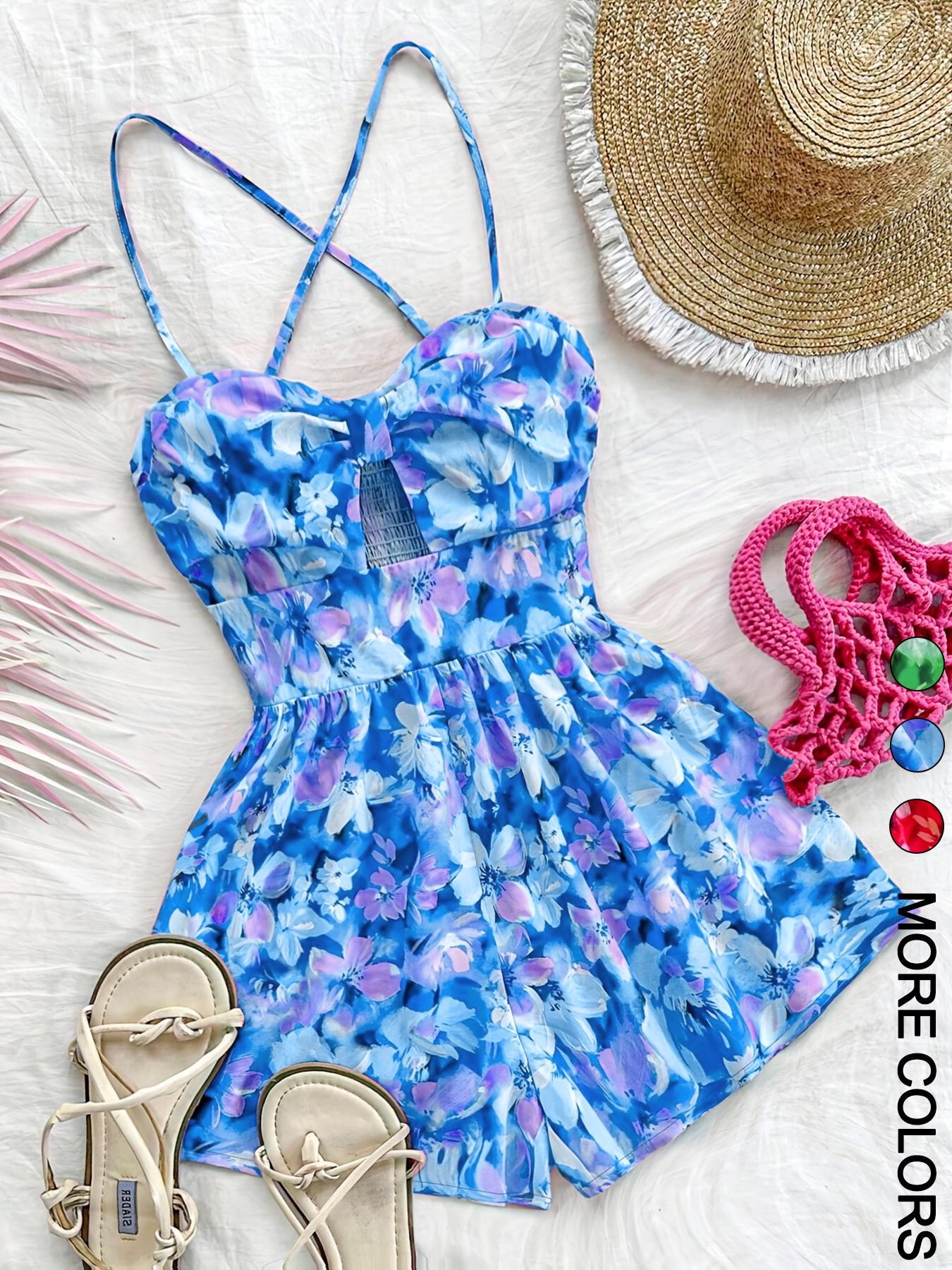 Women's Floral Print Cut Out Fitted Romper, Casual Sleeveless Romper for Summer, Fashion Women's Clothes for Beach Holiday Vacation