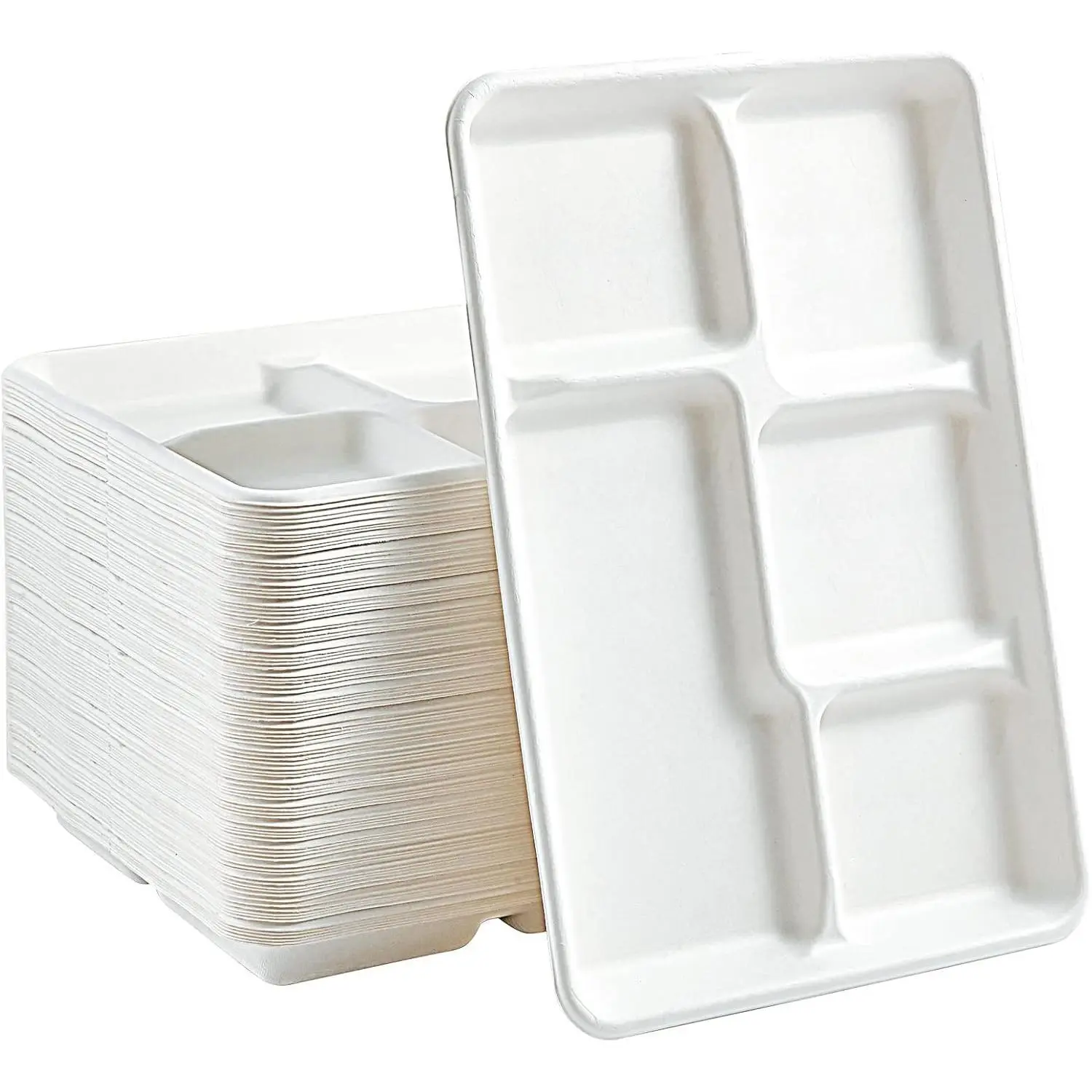 100% Compostable 5 Compartment Paper Plates, 100 Pack, 12.5 x 8.6 inch Disposable School Lunch Trays, Eco-Friendly Bagasse Plates for Buffet, and Party