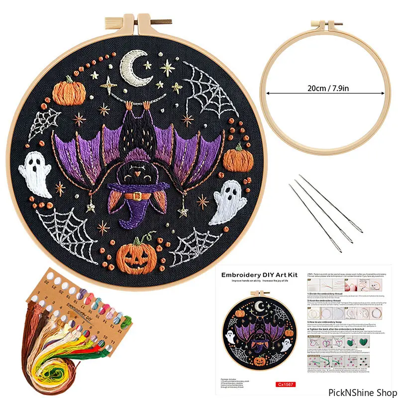 Beginner-Friendly Handmade Embroidery Kit for Adults, Halloween Theme Set with Bat Pumpkin Pattern Guide, Needle, 20x20cm DIY Hoop Art for Home Decor & Gifting