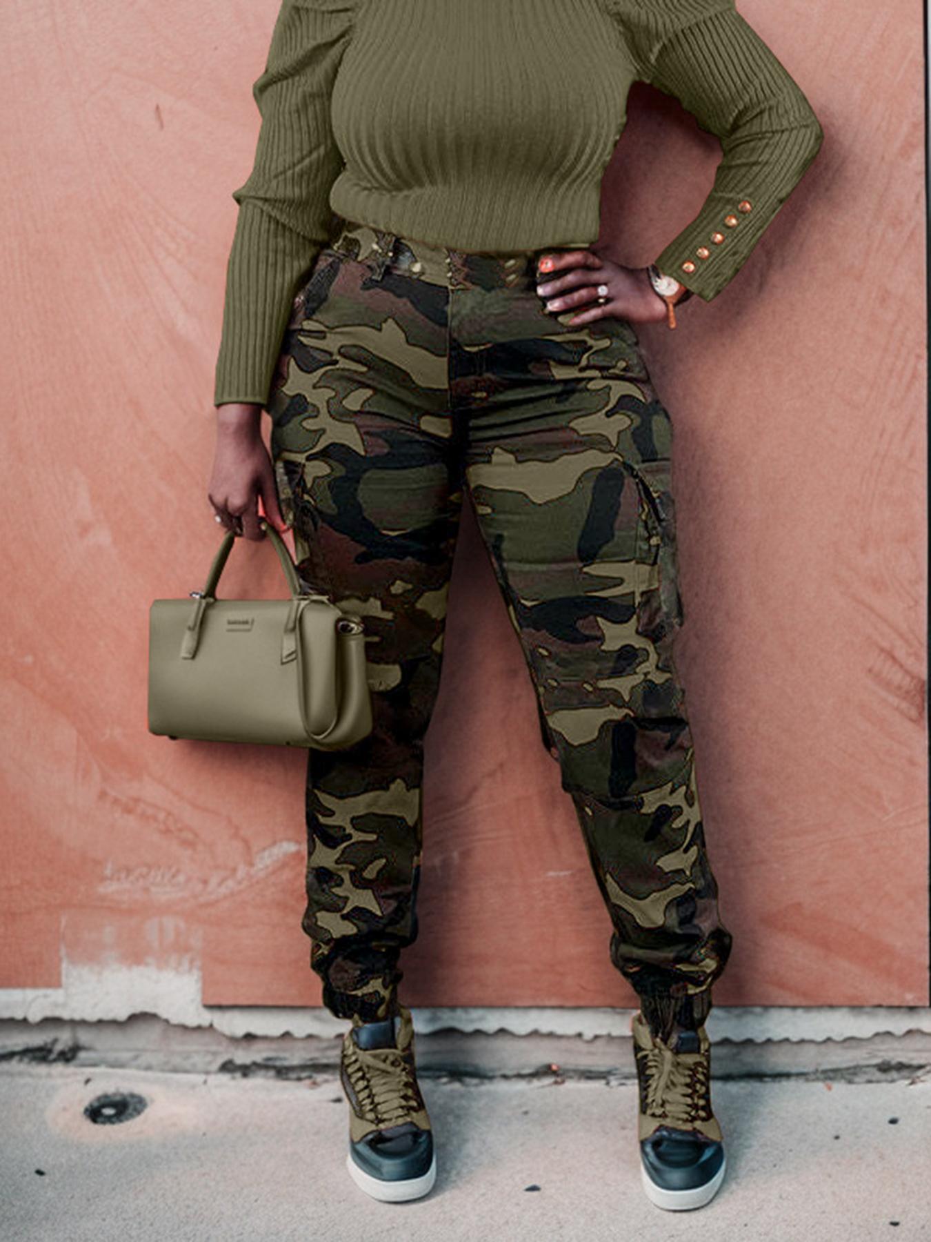 Women's Camo Print Camouflage Button Fly Cargo Pants, Casual Pocket Design Trousers for Daily Wear, Ladies Bottoms for Fall & Winter, Womenswear, Casual Fashion Trousers, Casual Comfy Stretch, Casual Chic Trousers
