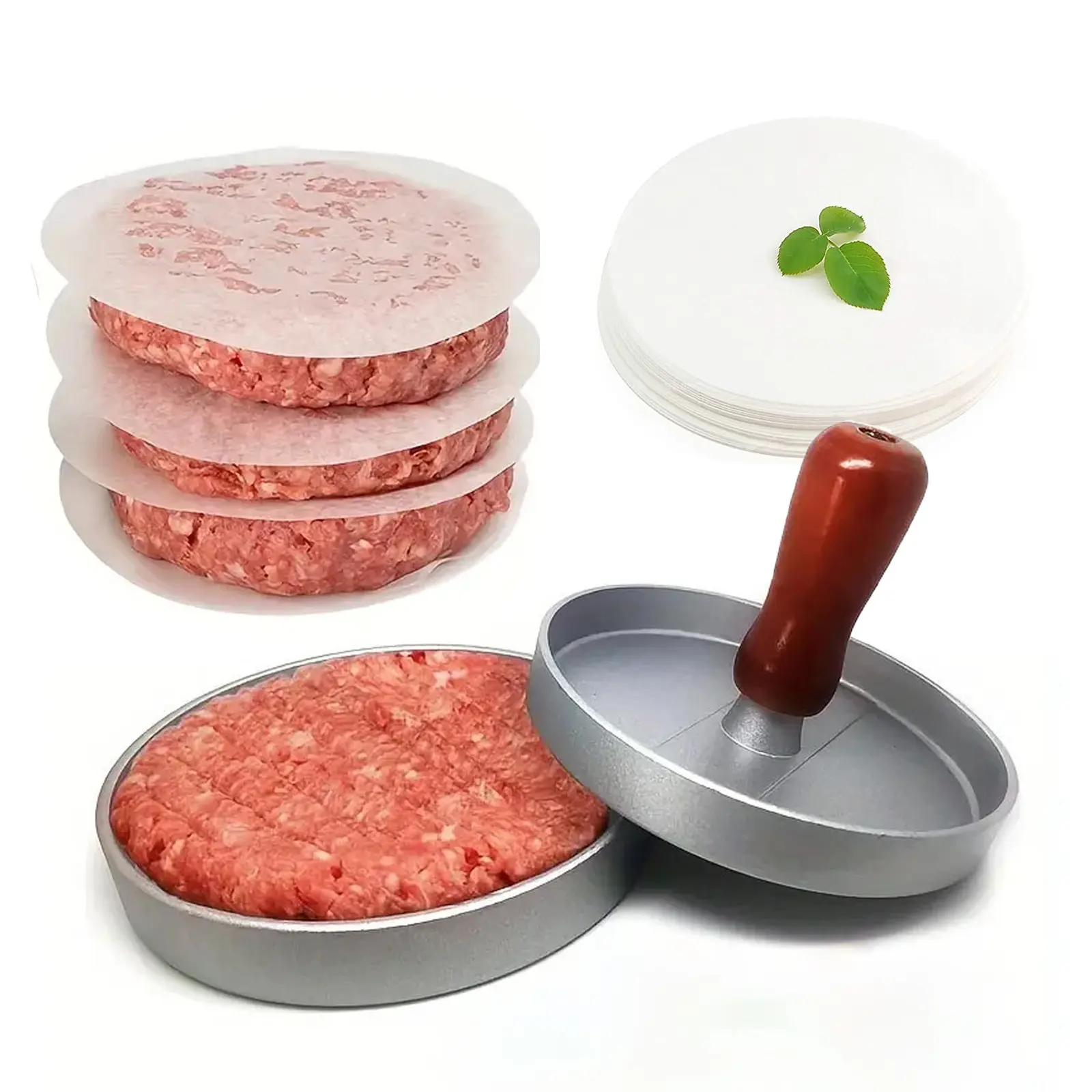 Hamburger Press Patty Maker 100 Paper, 4.5” Burger Mold Meat Shaper | Non-Stick, BPA Free, Dishwasher Safe, Juice-Locking Grooves, Wax Paper, Beef Cheese Burger for Kitchen Grill Griddle BBQ, Durable Kitchen Tool