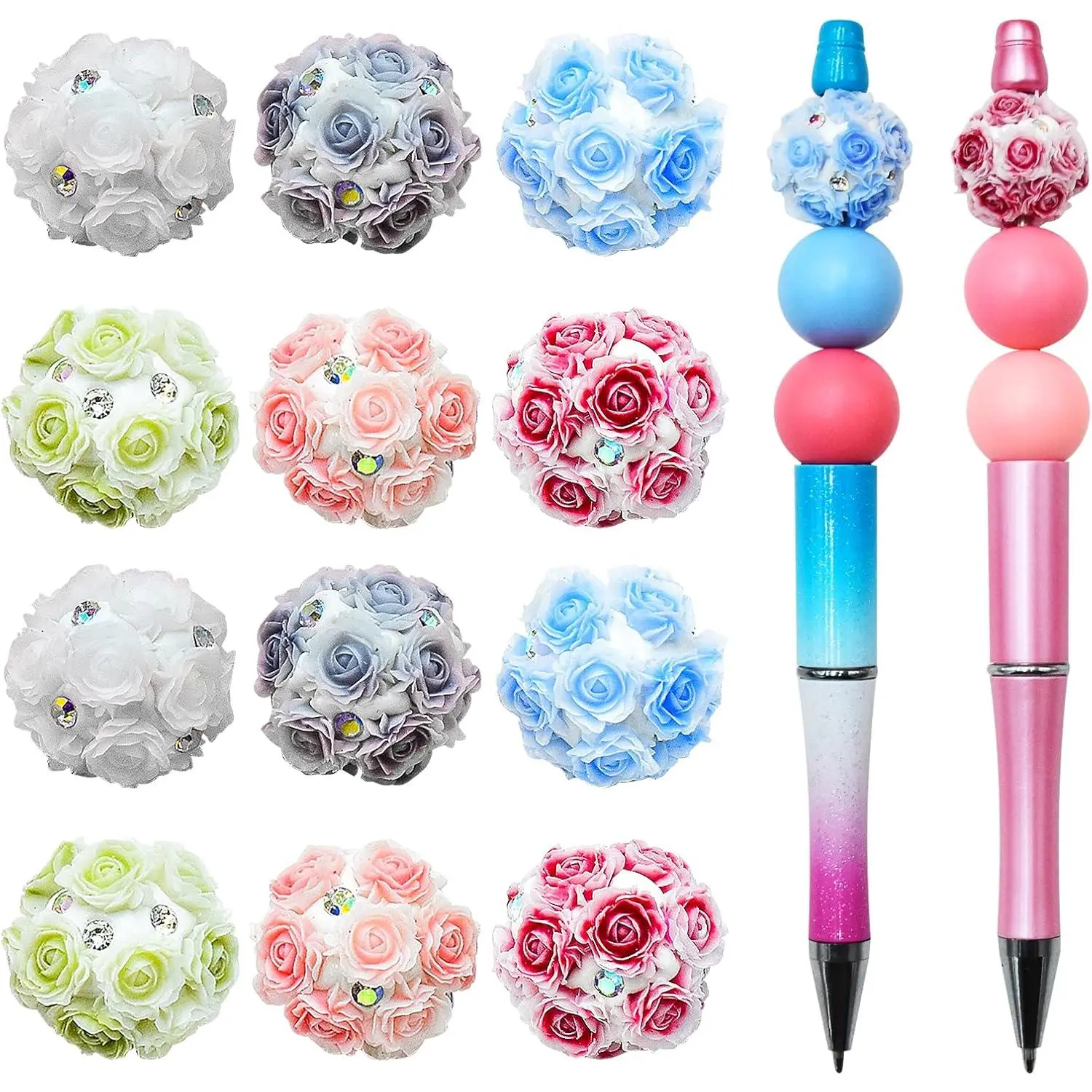12 count 20mm Flower Ball Beads for Pens Colorful  Rose with  Beads Polymer Clay Flower Spacer Craft Bead for DIY Craft Beadable Pens Bracelet Necklace Earrings   Making