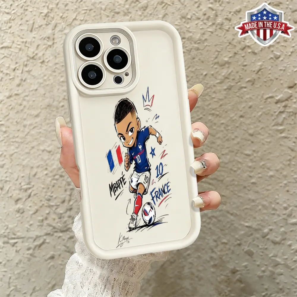 Funny Graffiti Chibi Mbappe France National Team Soccer Pattern Phone Case for iPhone 17 16 15 14 Pro Max 13 12 11 XR XS Plus Air Slim Shockproof Anti Scratch TPU Protective Cover Trendy Football Fan Sport Aesthetic Phone Accessory
