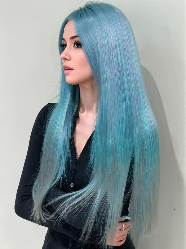 Mermaid Wig Ombre Blue Mixed Lilac, 30 Inch Long Straight Hair, Heat-Resistant Synthetic Wig for Women & Girls Cosplay & Daily Wear