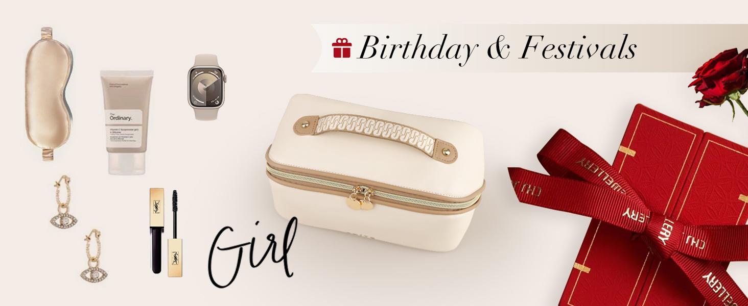 Prite Makeup Bag for Women Travel Waterproof Vegan Leather Cosmetic Bag Open Flat Toiletry Bag With Clear Divider and Handle (Beige)