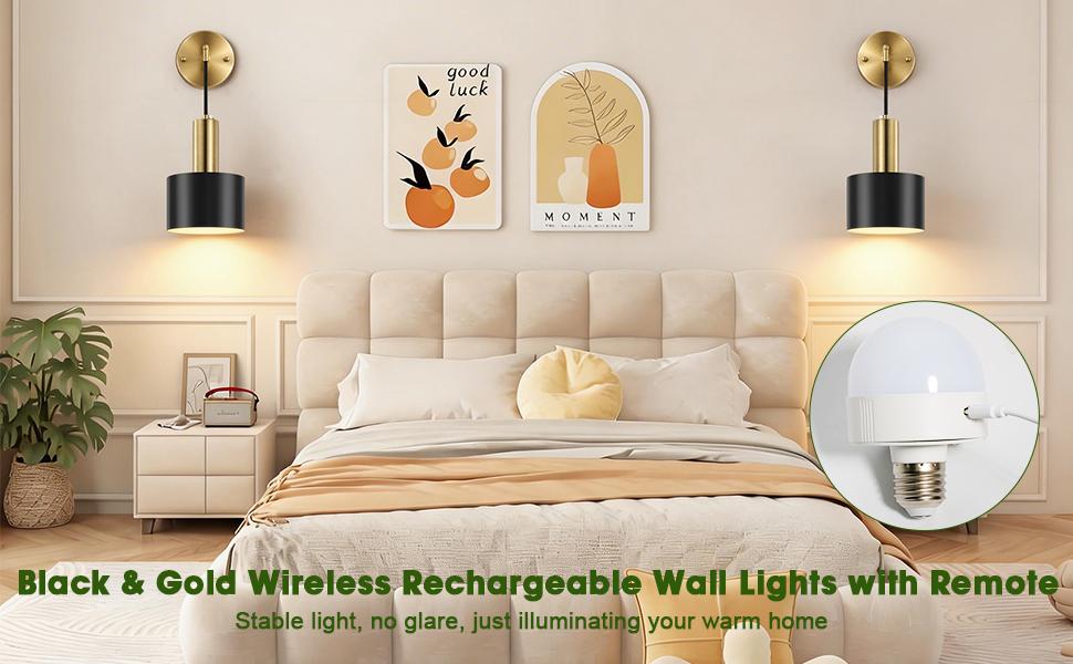 Battery Operated Wall Sconces Set of Two, Black & Gold Wireless Rechargeable Wall Lights with Remote, Dimmable LED Wall Lamps, Modern Cordless Sconce for Bedroom Living Room Hallway