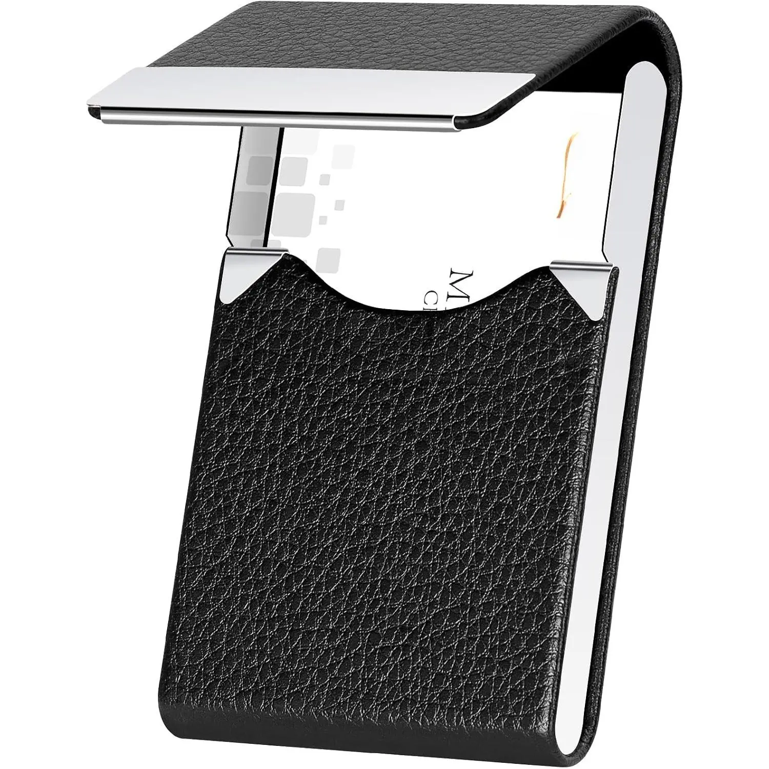 Professional Business Card Holder PU Leather Business Card Case Name Card Holder Slim Metal Pocket Card Holder with  Shut (Black)