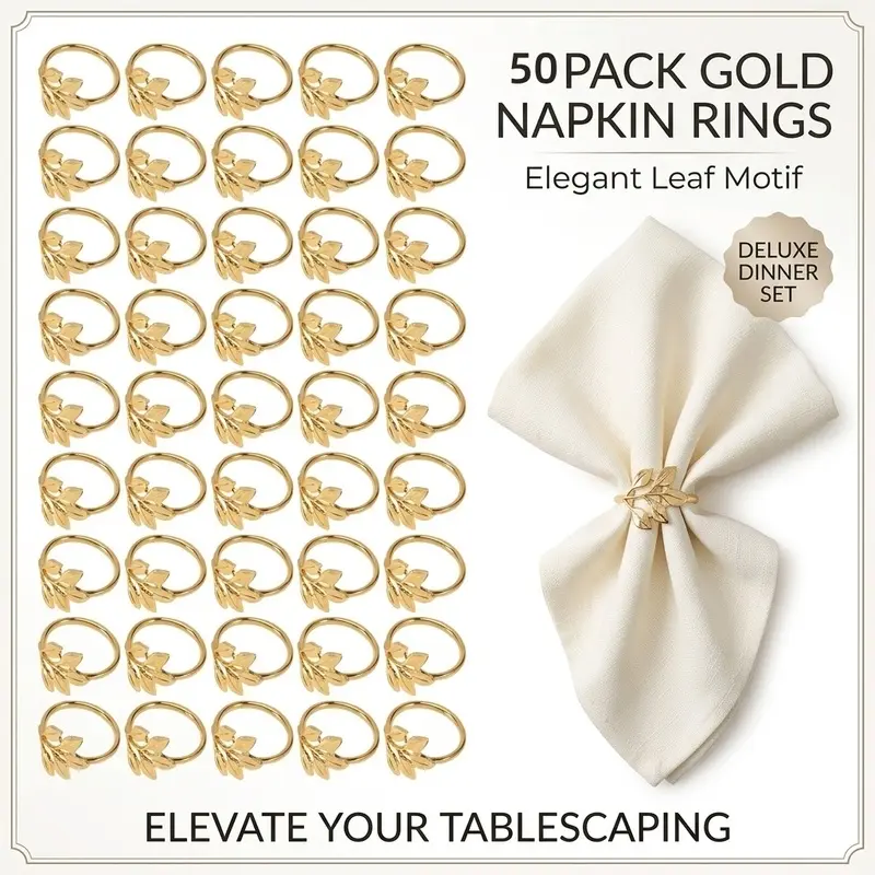 50-pack of luxurious metal leaf-shaped napkin rings, reusable tissue rings, perfect for weddings, banquets, birthday parties, and table settings.