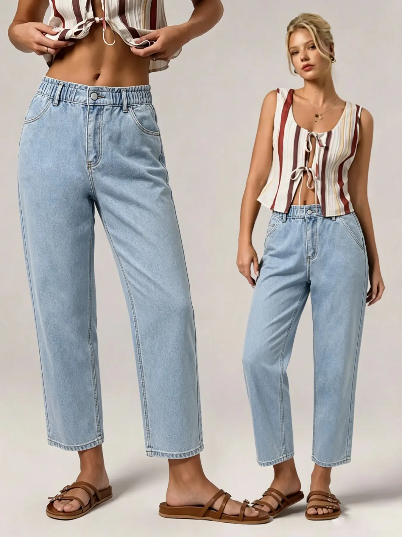 Women's Lightweight Jeans, High Waist Elastic Drawstring Waist with Pockets, Comfortable Casual Long Pants, Ideal for Commute, Work, Vacation