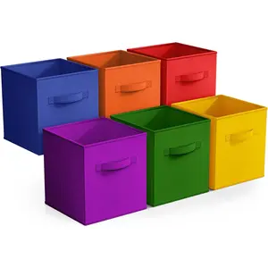 11 Inch Fabric Storage Cubes - Sturdy Collapsible Bins With Handle - 6 Foldable Baskets for Organizing Clothes, Toys, Books - Multi Colored Storage Baskets for Shelves, Kids Room, Closets