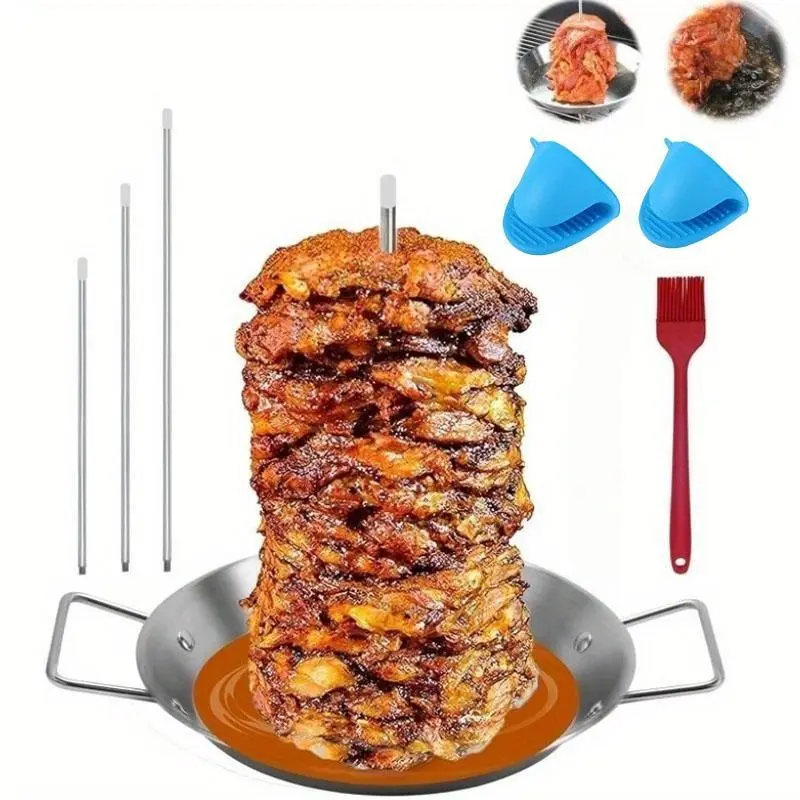 Stainless Steel Vertical BBQ Skewer Rack, Brazilian Style, 3 Detachable Forks, Silicone Gloves and Brush, Barbecue Utensils, Ideal for Tacos, Apastra, Shawarma