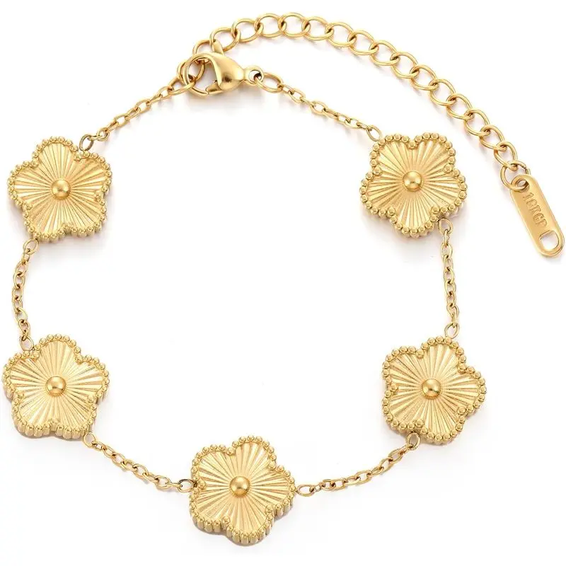 Four Leaf Clover Bracelet for Women 18K Gold Plated Stainless Steel Lucky 4 Leaf Gold Link Bracelet Jewelry Gift for Women (Gold)