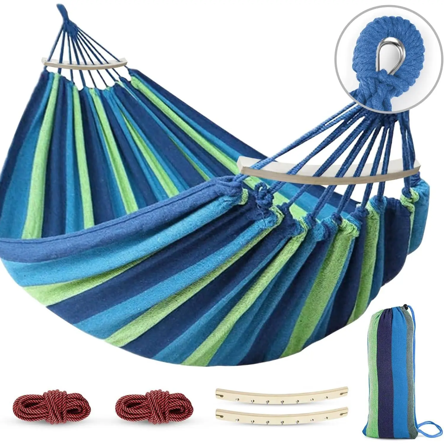 Hammocks Portable Camping Hammock Upgraded 550lb Comfortable Fabric Hammock with Two Anti Roll  Beam and Sturdy Tree Straps for Camping, Patio, Backyard, Outdoor Blue Green