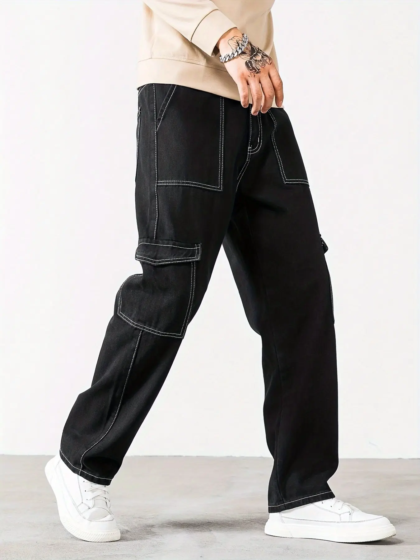 Men's Colorblock Contrast Stitch Workwear Jeans, Cotton Loose Fit Wide Leg Multi-Pocket Side Pockets, Solid Street Skateboard Long Pants