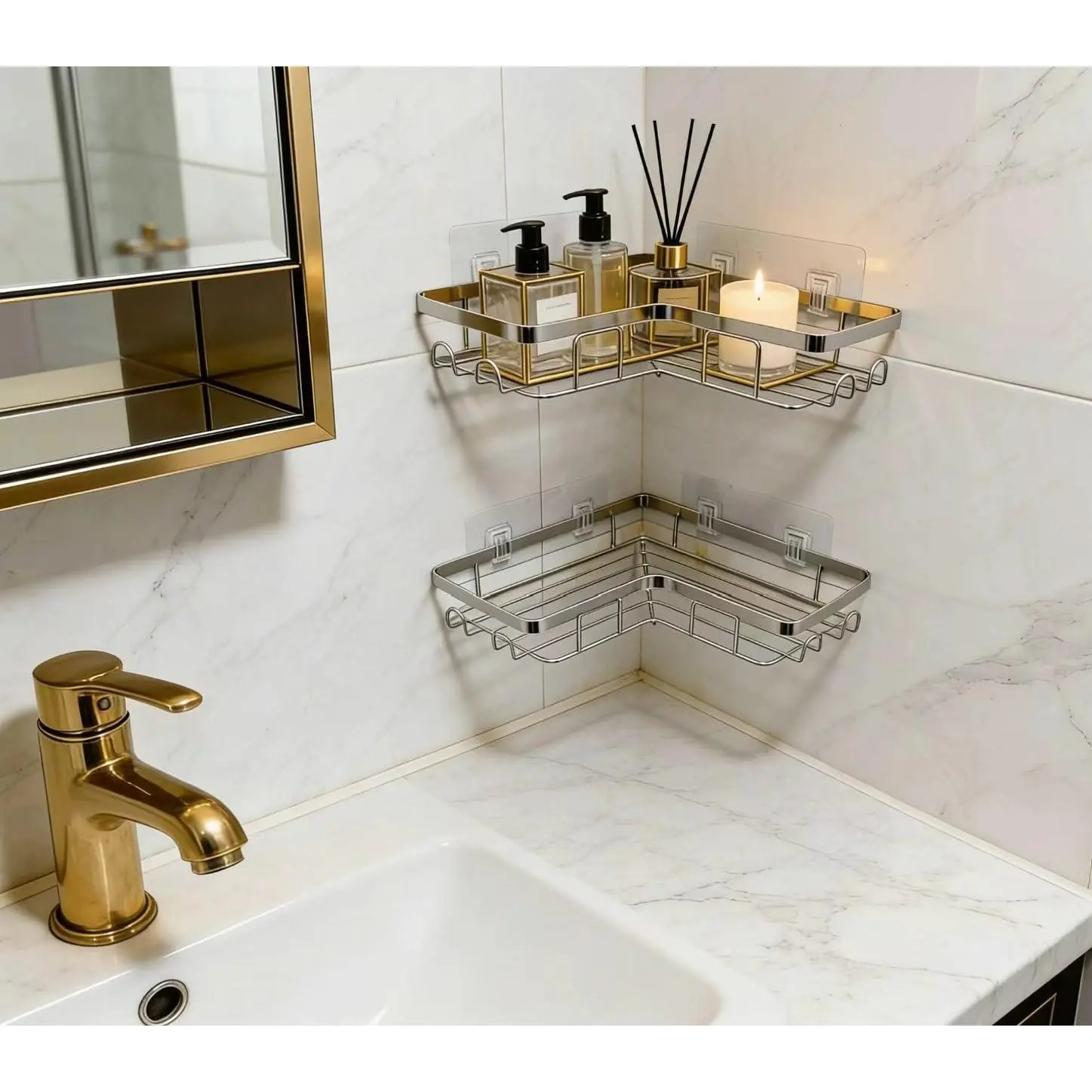 Shower Caddy 2 Pack, Stainless Steel No Drilling Adhesive Bathroom Organizer Shelf Rack, Corner Shower Shelf with Hooks for Home Decor & Storage