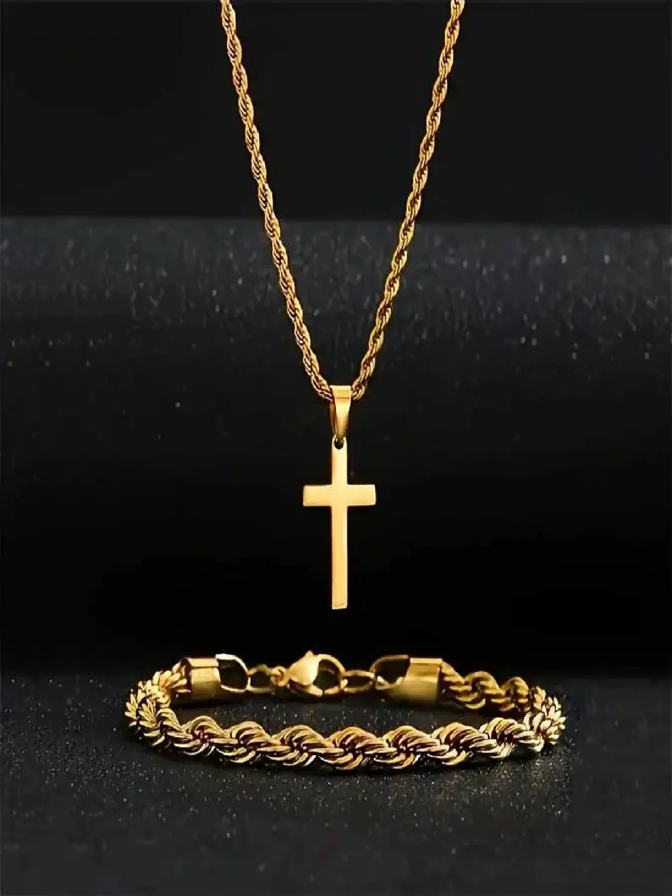 2pcs Stainless Steel Cross Necklace and Bracelet Set for Men, Twisted Rope Cross Pendant Fashionable Jewelry Set for Men and Women, Perfect for Casual Parties