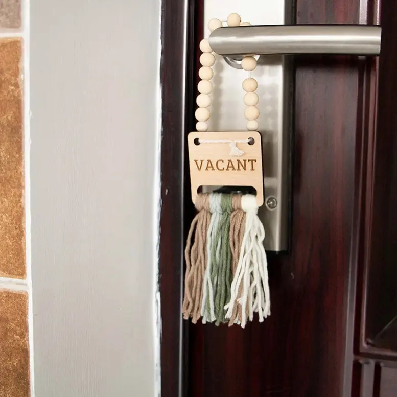 Boho Wood Tassel Hanging Decor - Office Decor, Occupied Tag, Vacancy Mark, Rustic Look Multifunctional Plaque for Office Bathroom Door, Room Divider, Wall Pendant Accessories