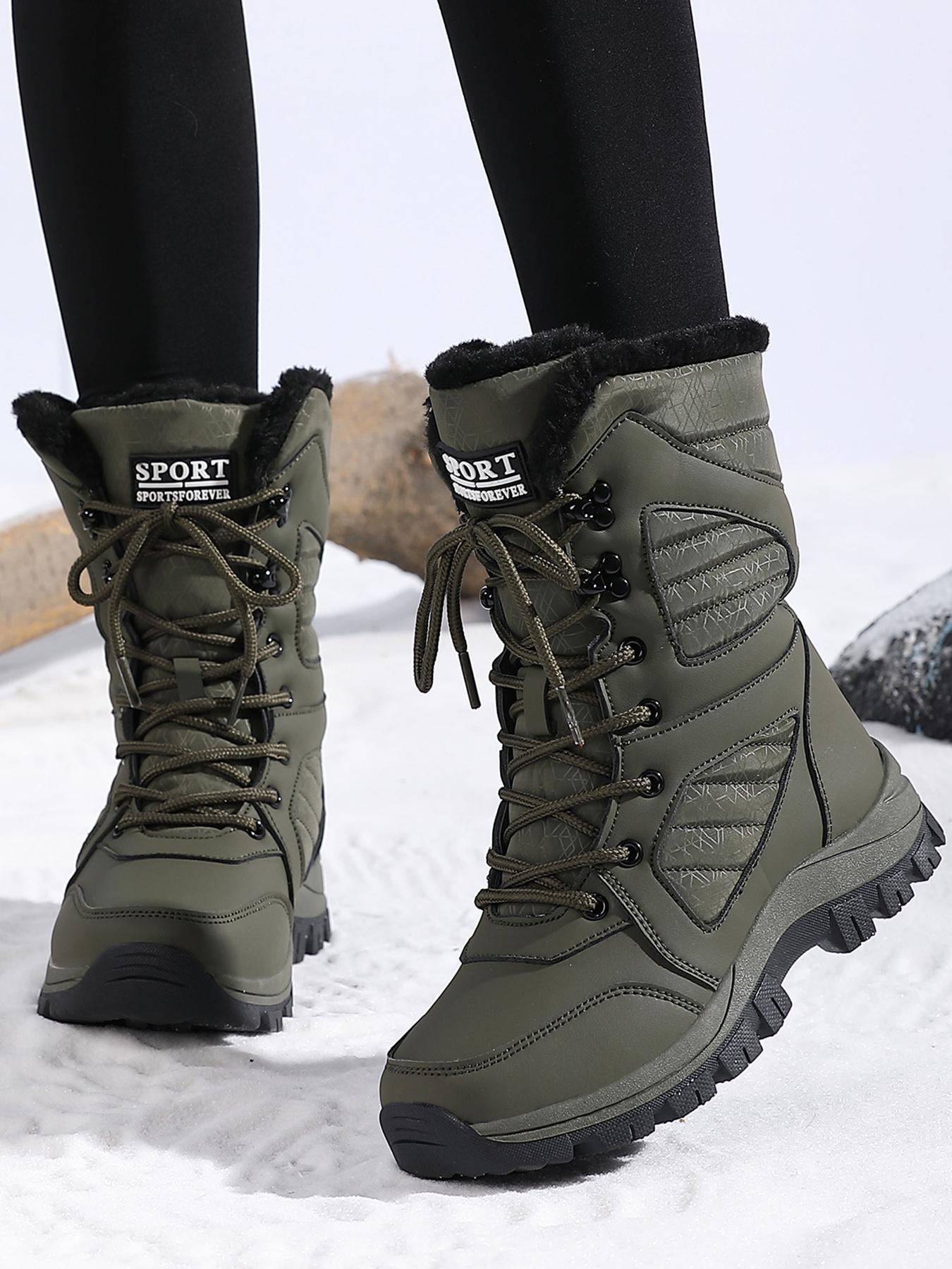 Women's Solid Color Plush Lined Thick-Soled Lace Up Snow Boots Winter Booties, Thermal Warm Casual Sporty Comfortable Outdoor Sports Boots for Fall & Winter, Female All-match Round Toe Shoes for Daily Wear