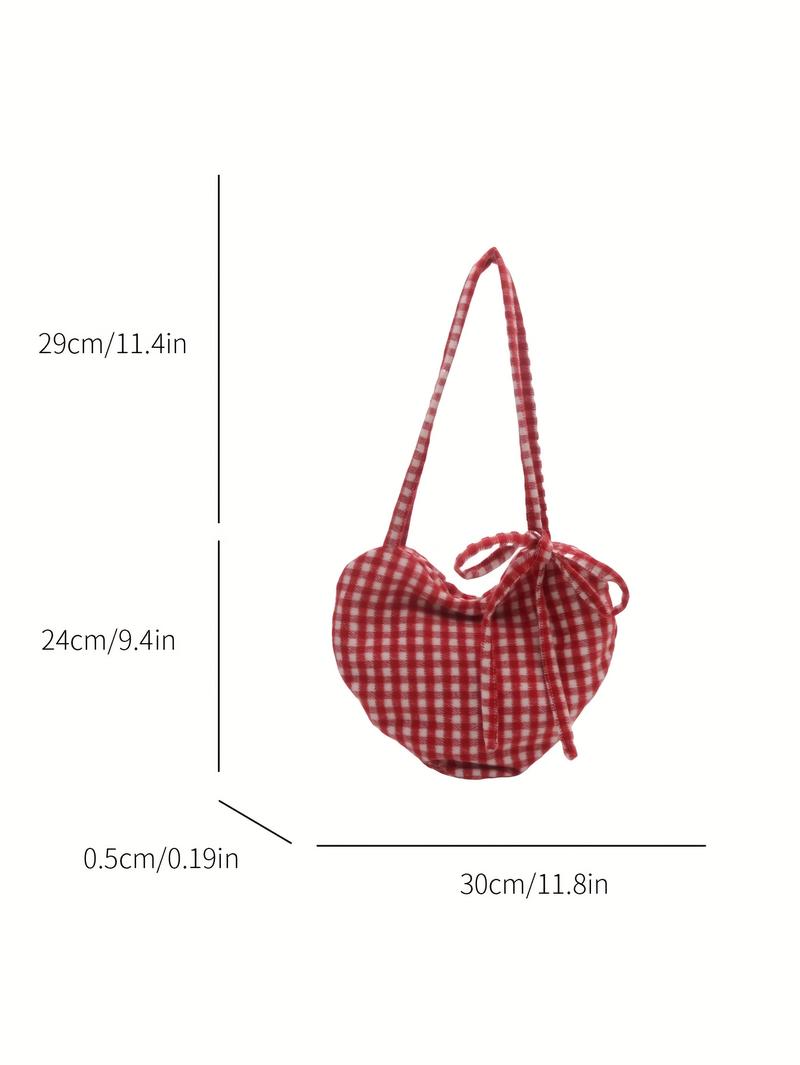 Women's Heart-Shaped Crossbody Bag with Bow and Checkered Pattern - Minimalist Handbag, Fixed Strap Magnetic Closure, Red - Elegant Daily Wallet, Bag, Versatile Fashion Accessory, Durable Fabric shoulder bags Large Soft Color Suede Kisslock Barrel