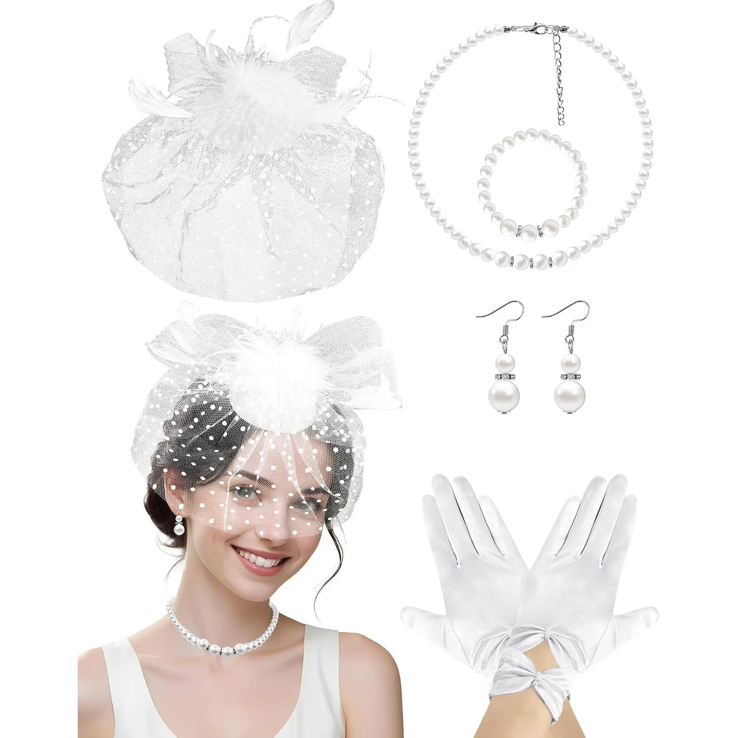 1920s Fascinators Hats for Women Funeral Veil Hat  Headband Lace Gloves Halloween  Party Wedding