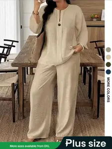 Spring Summer New Plus Size Women's Casual Breathable Long Sleeve Shirt and Loose Pants Two-Piece Set, Comfortable and Stylish