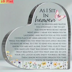 2D Flat, 2D Flat Acrylic Heart Sympathy Keepsake "As I Sit in Heaven" Memorial Plaque with Floral Design & Inspirational Message - No Power Needed, Bereavement Gift for Home Decor, Remembrance, or Sympathy Gifts, 2D Flat