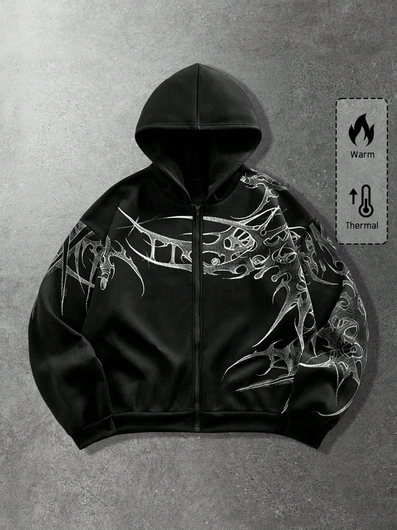 Neutral Zipper Hoodie, Zip Up Hoodie, Y2K Pattern Hooded Jacket, Aesthetic Streetwear Sweatshirt, Teen Long Sleeve Casual Coat, Fall Winter Fashion Outerwear