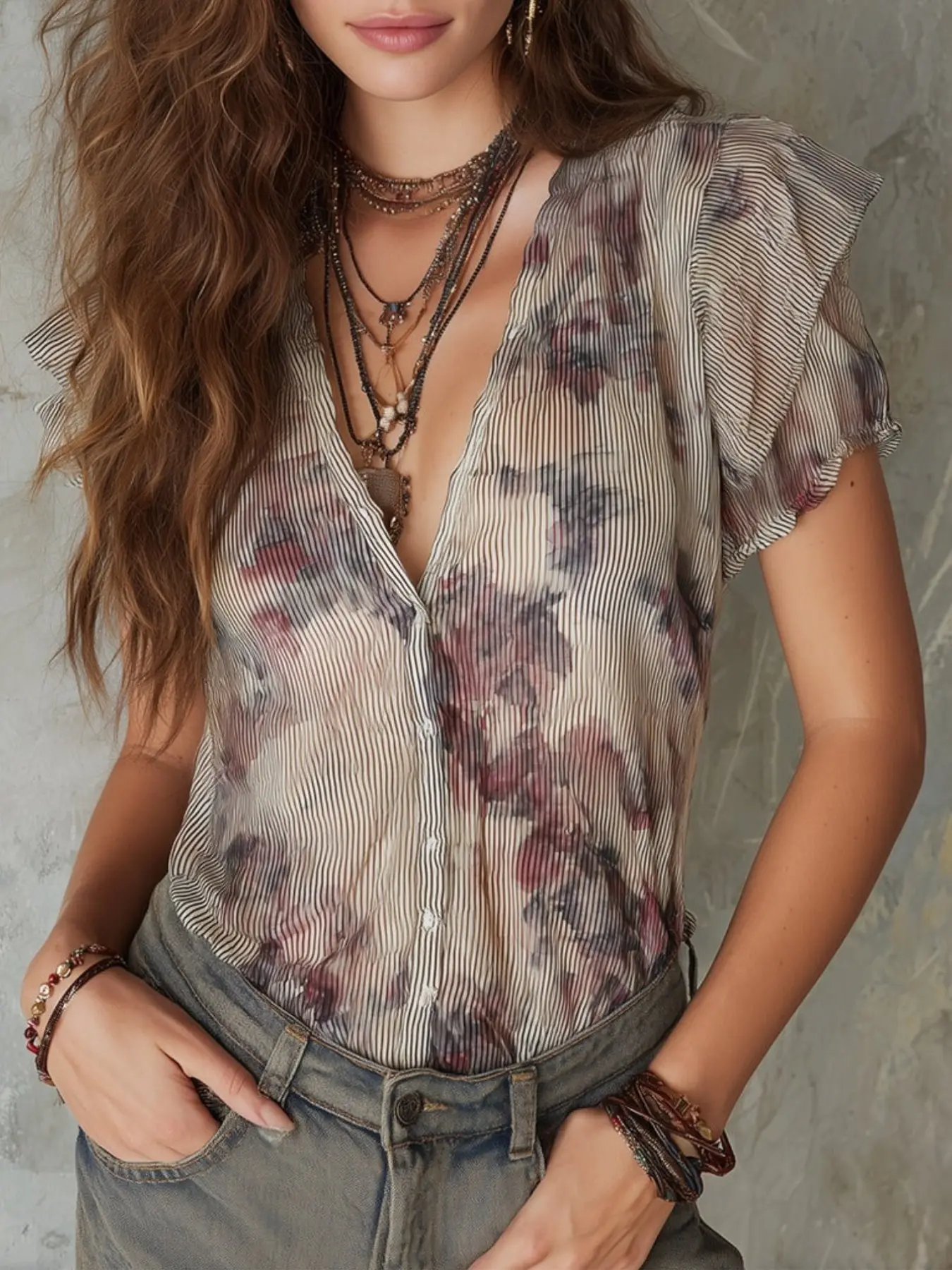 Women's Boho Striped Floral Print Blouse, V-Neck Ruffle Short Sleeve Button-Down Top, Casual