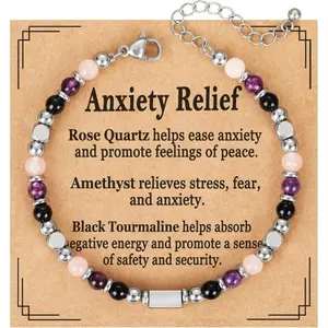 Women's Natural Amethyst Beads Healing Crystal Bracelet - Triple Symbolic, Adjustable (6.5+1.8 in), Fashion Bracelet Accessory for Daily Wear, Mother's Day Gift for Mom, Bracelets,summerwins