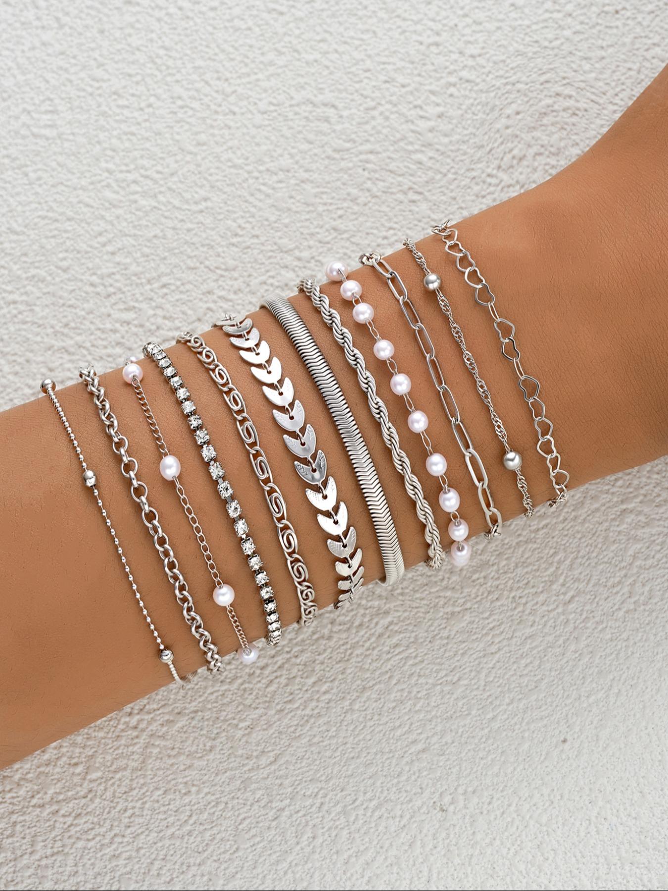 Women's Fashion Boho Style Bracelet Set, Layered Bracelet Set, & Silver Zinc Alloy Chain Jewelry for Women Daily Wear Accessories