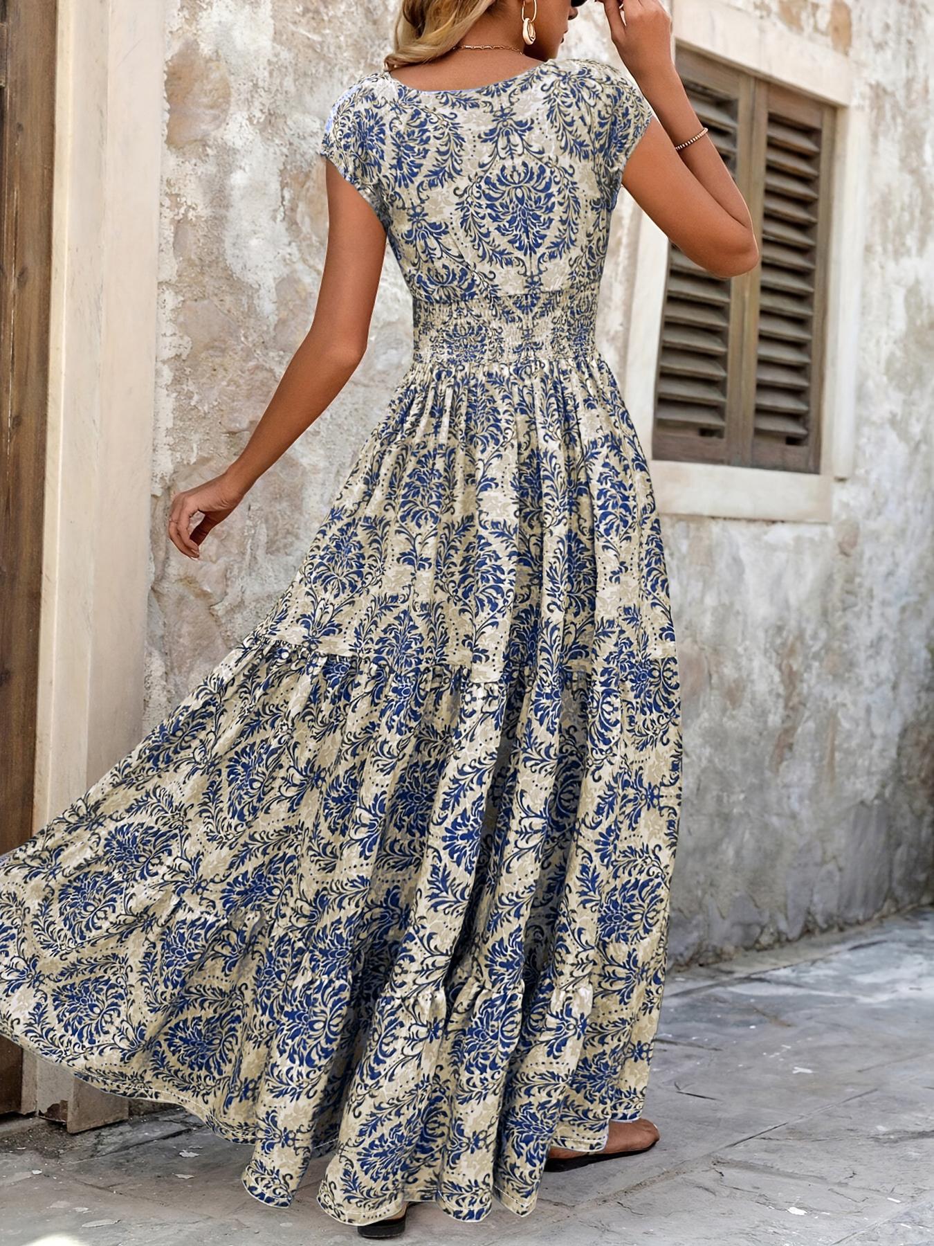 Women's All Over Print Shirred Dress, Boho Fashion Short Sleeve V Neck Dress for Daily Holiday Vacation Wear, Women Dress for Summer Bohemian