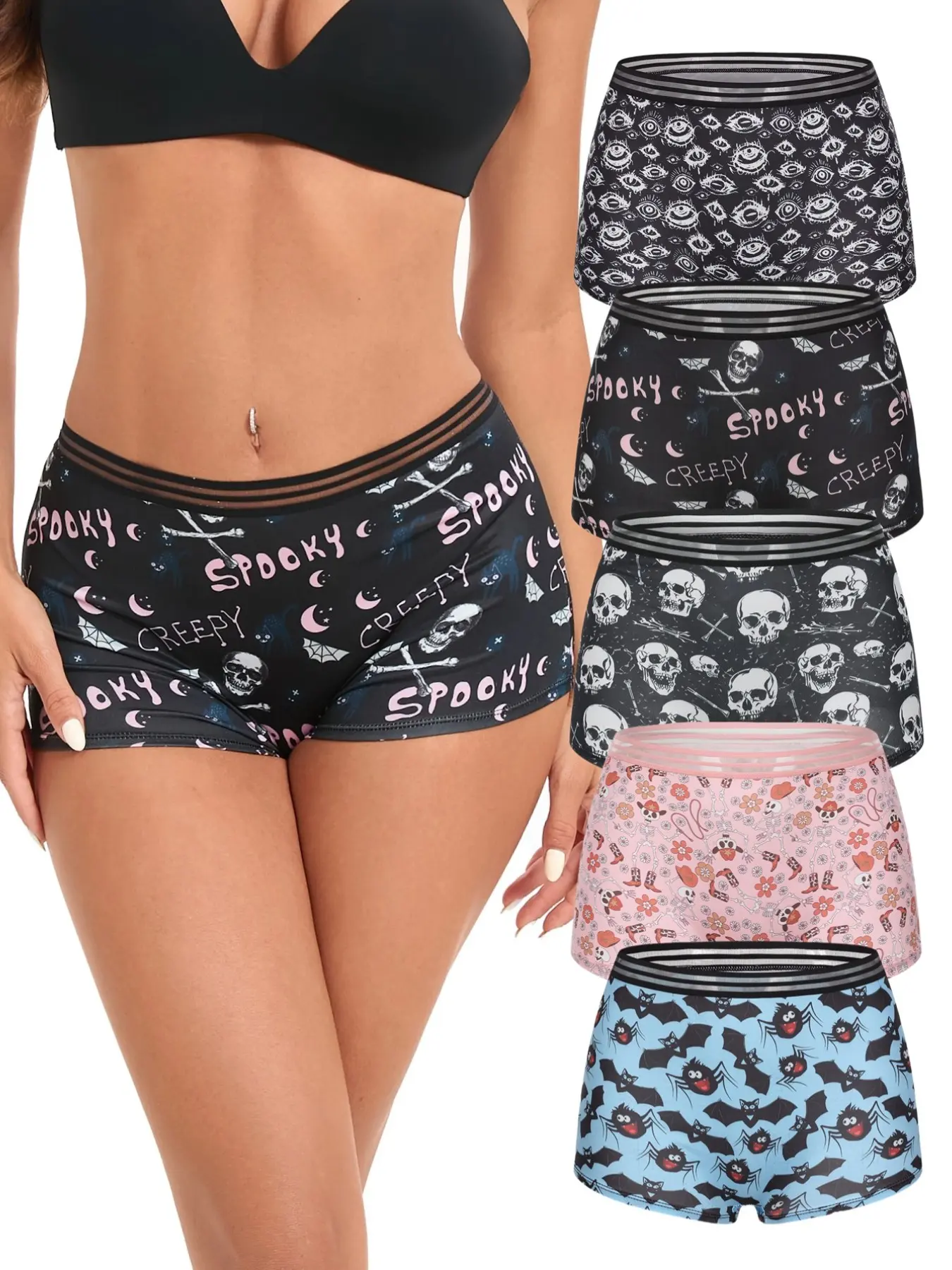 Morvia 5pcs  Spooky Halloween Women's Boyshorts Set, All-Over Print, Fitted, Breathable Fabric, Comfortable for Daily Wear, Casual Style
