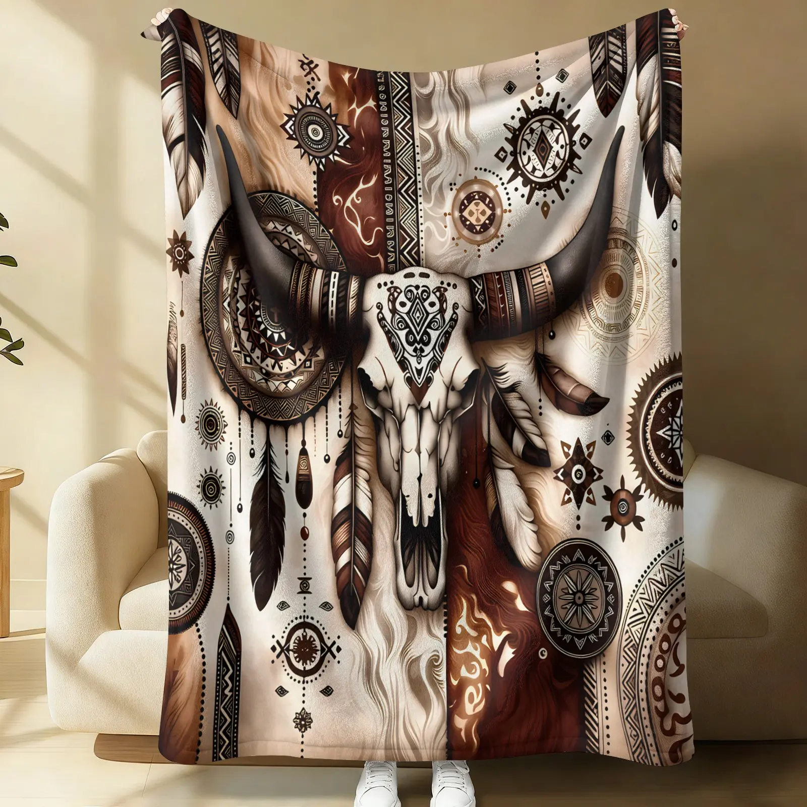 Boho Bull Skull Feather Tribal Ethnic Pattern Flannel Throw Blanket, Soft Cozy Blanket for Cabin Bedroom Sofa, Birthday Gift Idea