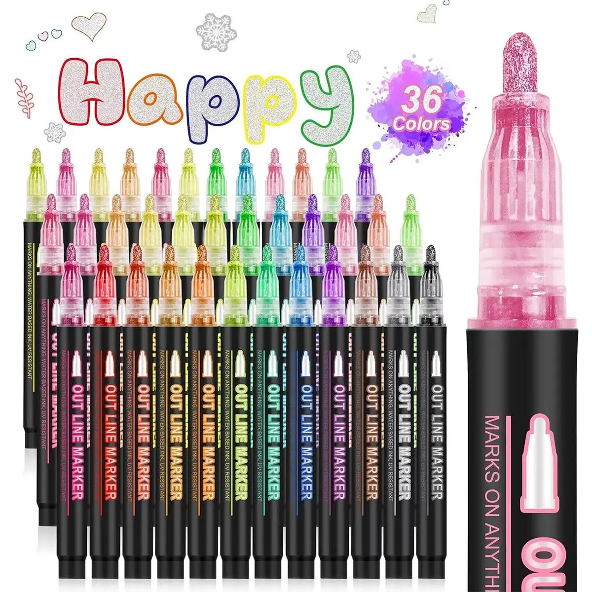 Glitter Outline Markers, Outline Shimmer Markers, 1 Set 24/36 Colors Marker Pen, Double Line Outline Marker Pen, Drawing Markers for DIY Crafts, Art Marker Pens, Art Supplies