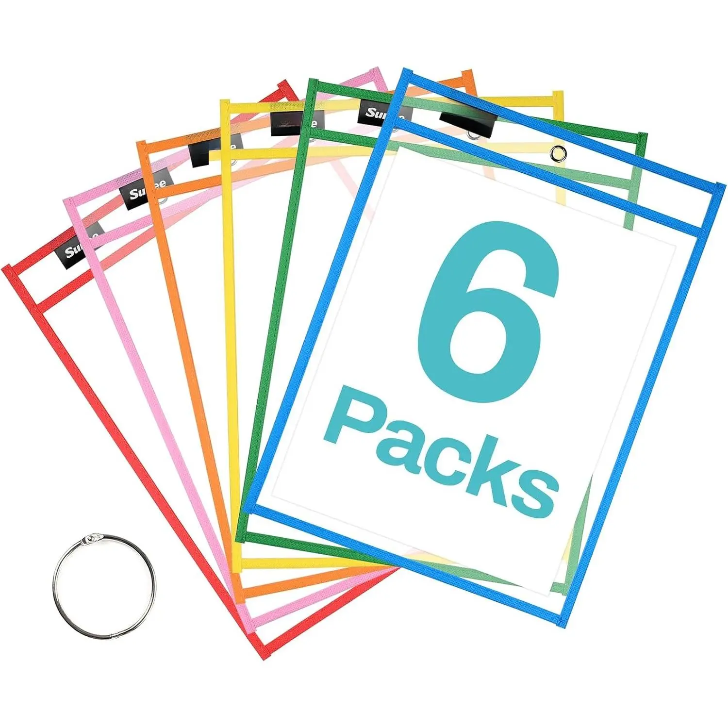 6 Packs   Dry Erase Pocket Sleeves with Binder Ring, 6  Colors 10x14 Ticket Holders, Clear Plastic Sheet Protectors, Teacher School Classroom Supplies