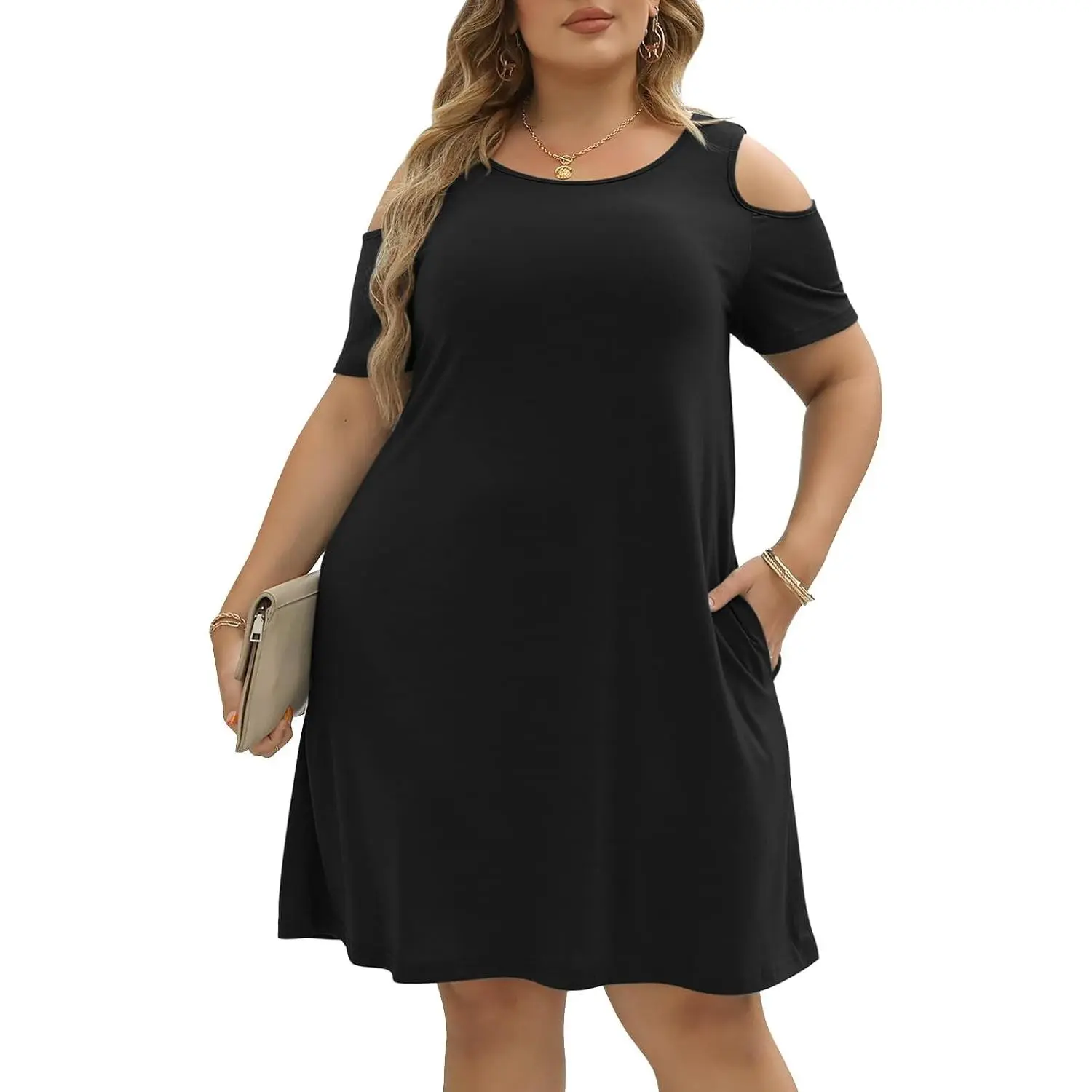 Plus Size Dresses for Curvy Women Summer Casual Cold Shoulder T-Shirt Swing Short Sleeve Mini Dress with Pockets