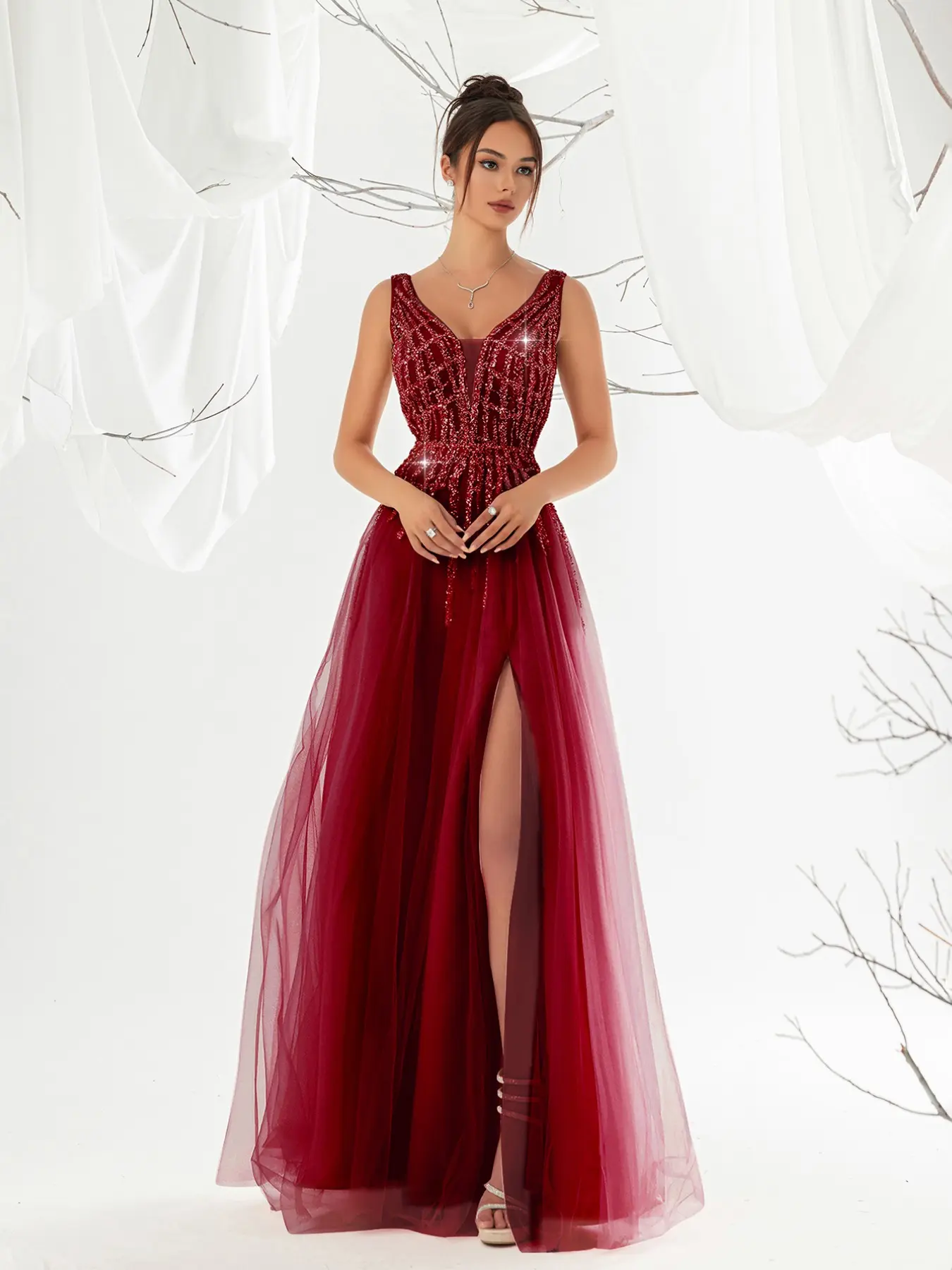 Elegant Long Evening Gown for Women, V-Neck High Slit Sequin Mesh Dress, Luxurious Party Dress, Formal Wedding Guest Dress