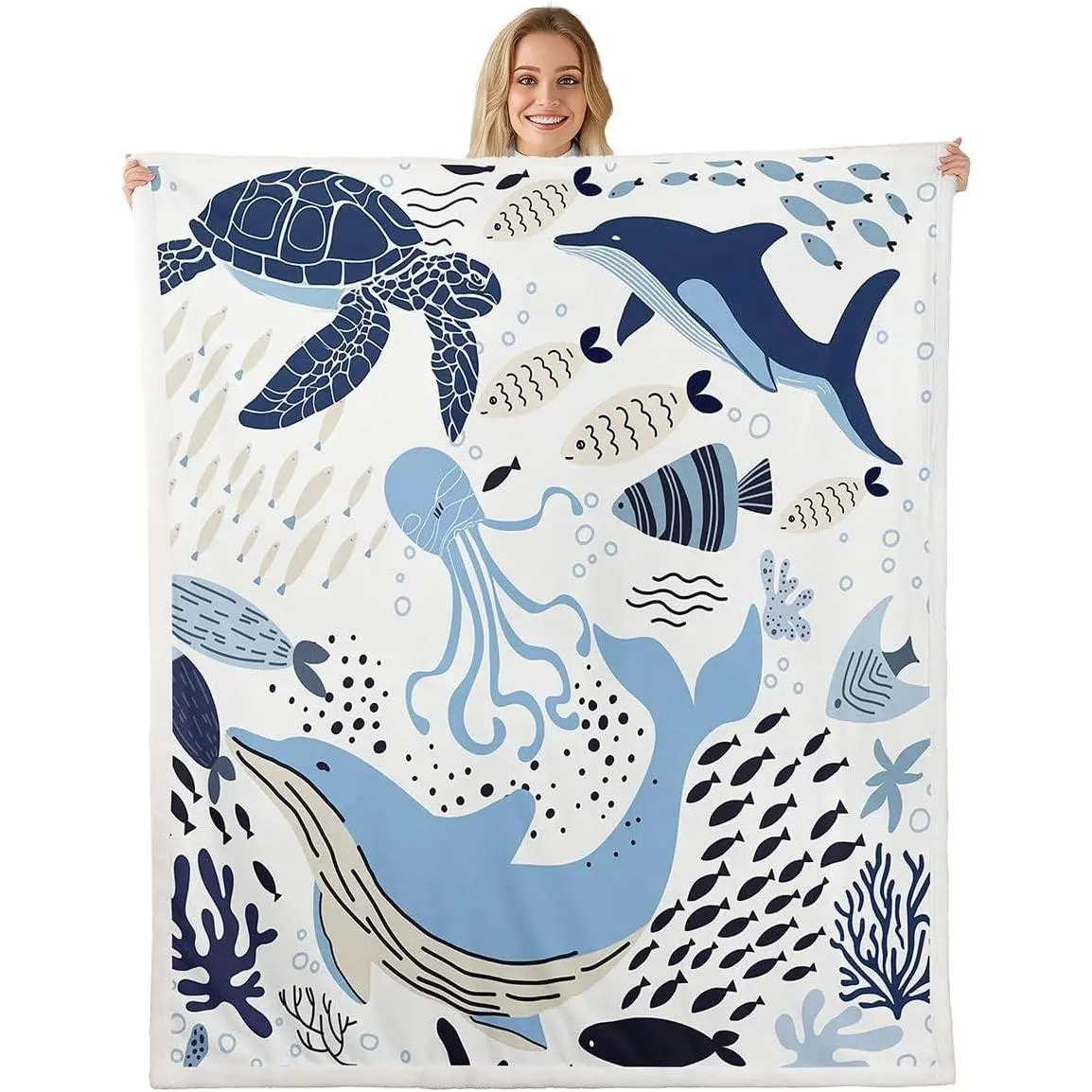 Turtle Blanket, White Blue Whale Decor Teen Blanket, Octopus Pattern Ocean Theme Flannel Throw Blanket, Underwater Children Bedroom Decor, Soft Lightweight Blanket for Kids Teens, Bed Sofa Couch Home Decor