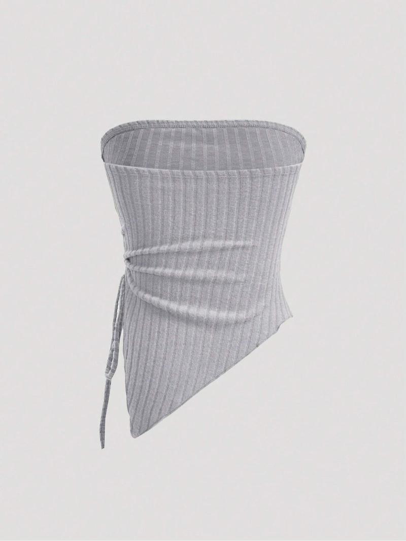 Women's Solid Ruched Backless Crop Tube Top, Casual Drawstring Asymmetrical Hem Sleeveless Top for Summer, Minimalist Women's Clothing for Daily Wear, Casual Fitted Sleeveless