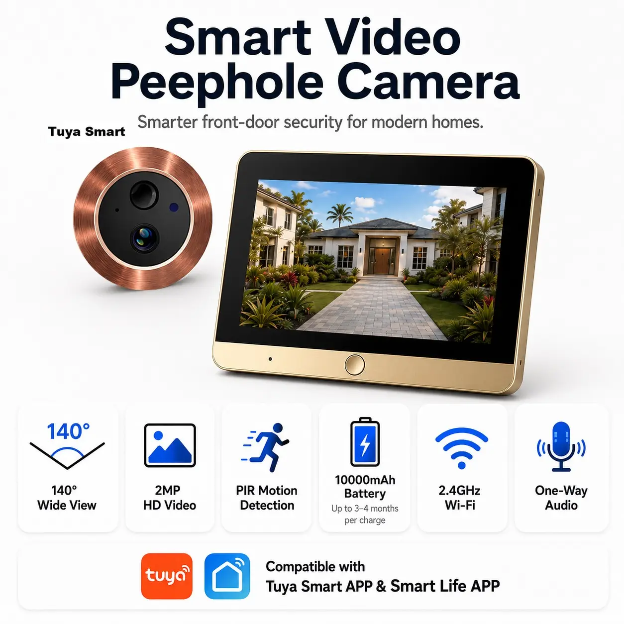 Wireless Video Doorbell with Monitor 5Inch Screen, Tuya Smartlife App, 2MP HD Camera, 10000mAh Rechargeable Battery, 940nm No-glow IR Night Vision, PIR Motion Detection Real-time alerts and screen wakes up automatically. One Way Audio Peephole Camera