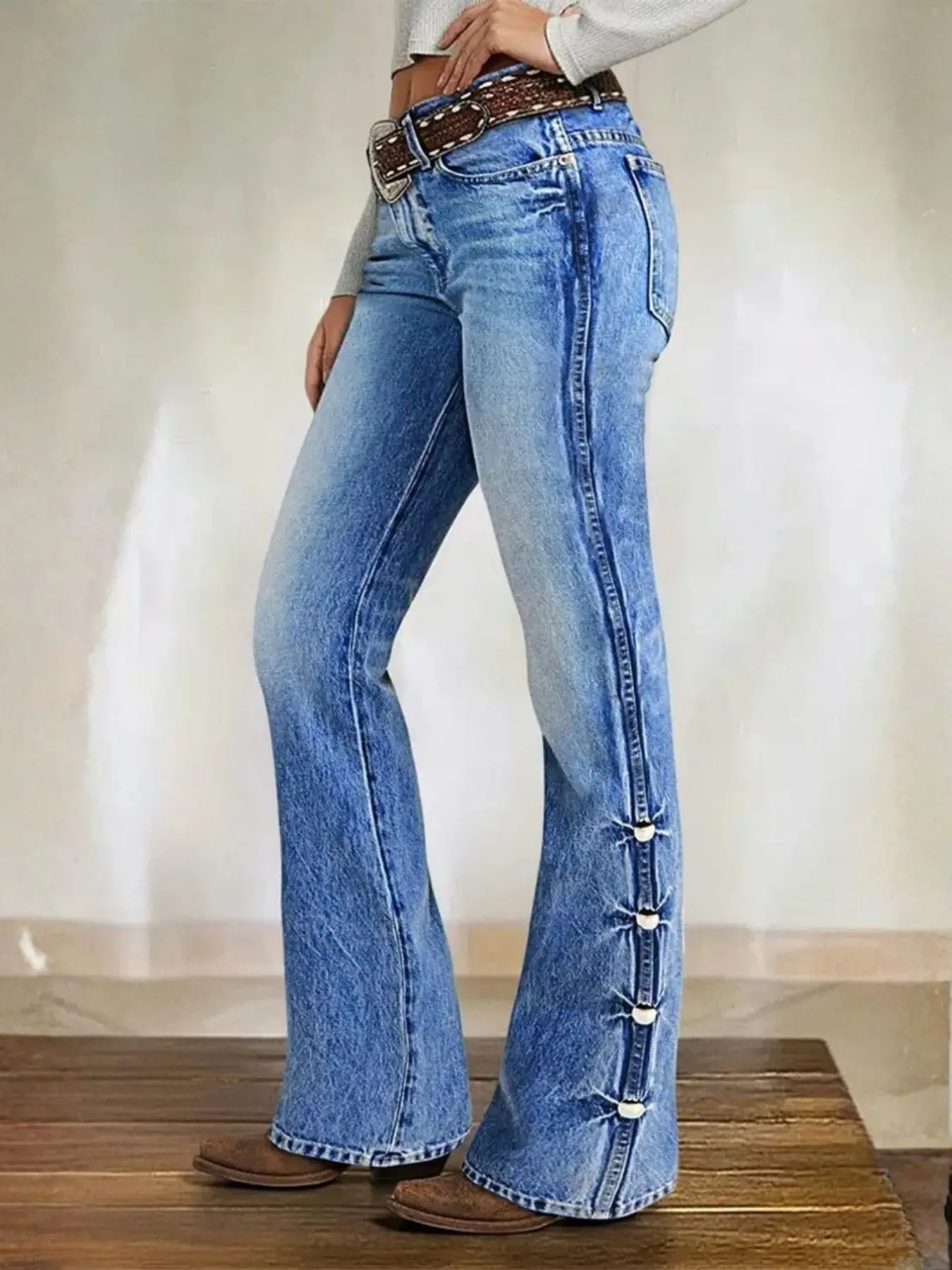Women's Blue Stretch Jeans, Side Embroidery, Micro Flare Washed Slim Fit, Daily Wear, Office, All Seasons
