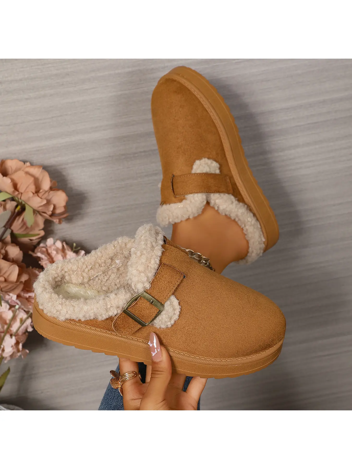 Winter Women's Fashion Slippers One Step Slip On Warm Fuzzy Slides Outdoor Wear Flat Bottom Plush Shoes Cozy Casual Daily Wear Winter Footwear For Women