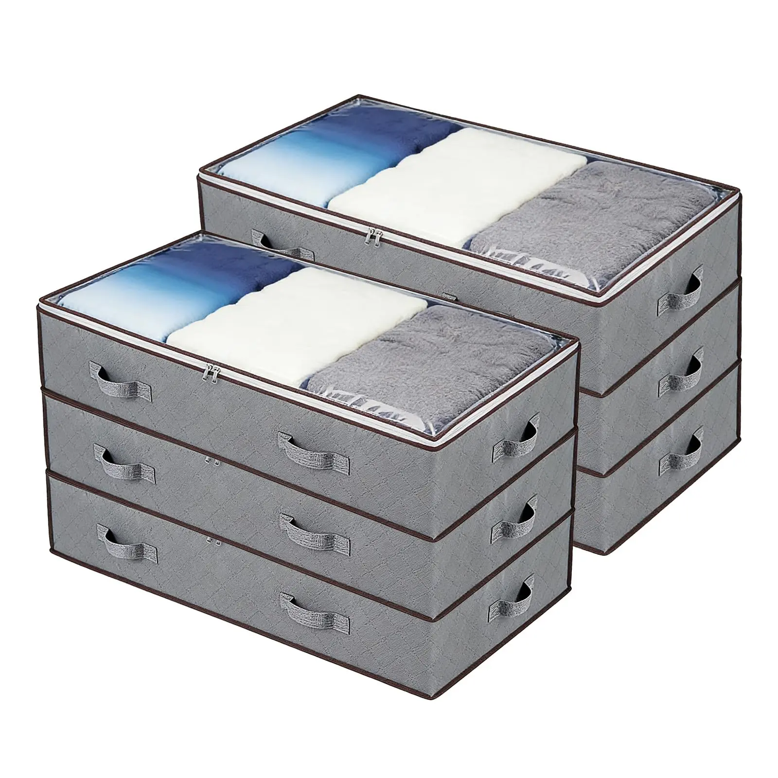 90L Under Bed Storage Organiser Set Pack (6-Pack) - Foldable Smooth Fabric Large Size Bins with Reinforced Handles, for Clothes, Blankets in Grey