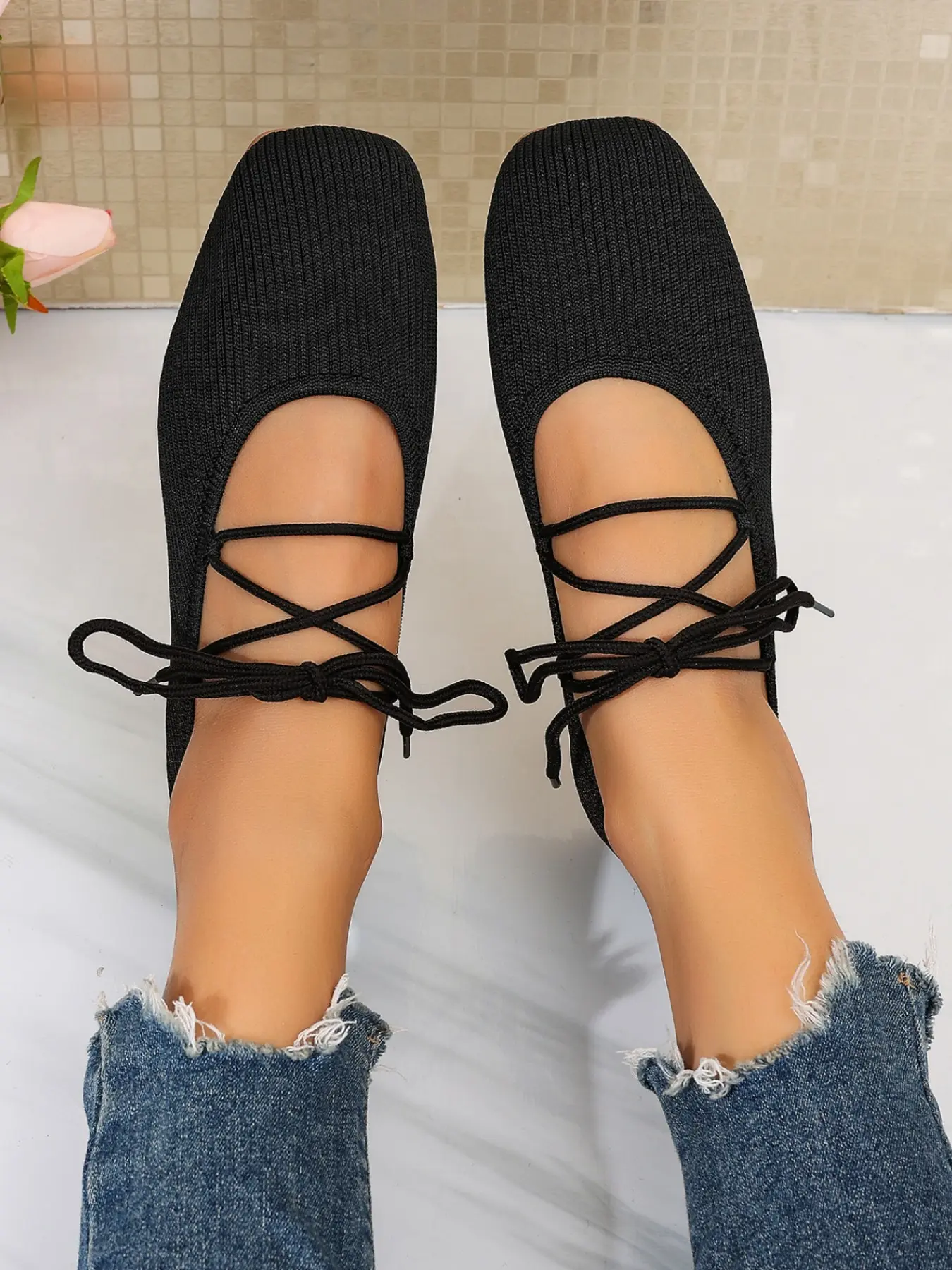 Women's Deep Vertical Stripe Knit Cross Strap Flat Ballet Shoes, French Style Breathable Soft Sole, Adjustable Laces, All Seasons