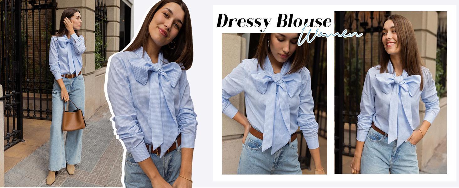 Imily Bela Womens Plaid Shirts Bow Tied Neck Button Down Long Sleeve Casual Dressy Blouse Tops Womenswear Chic