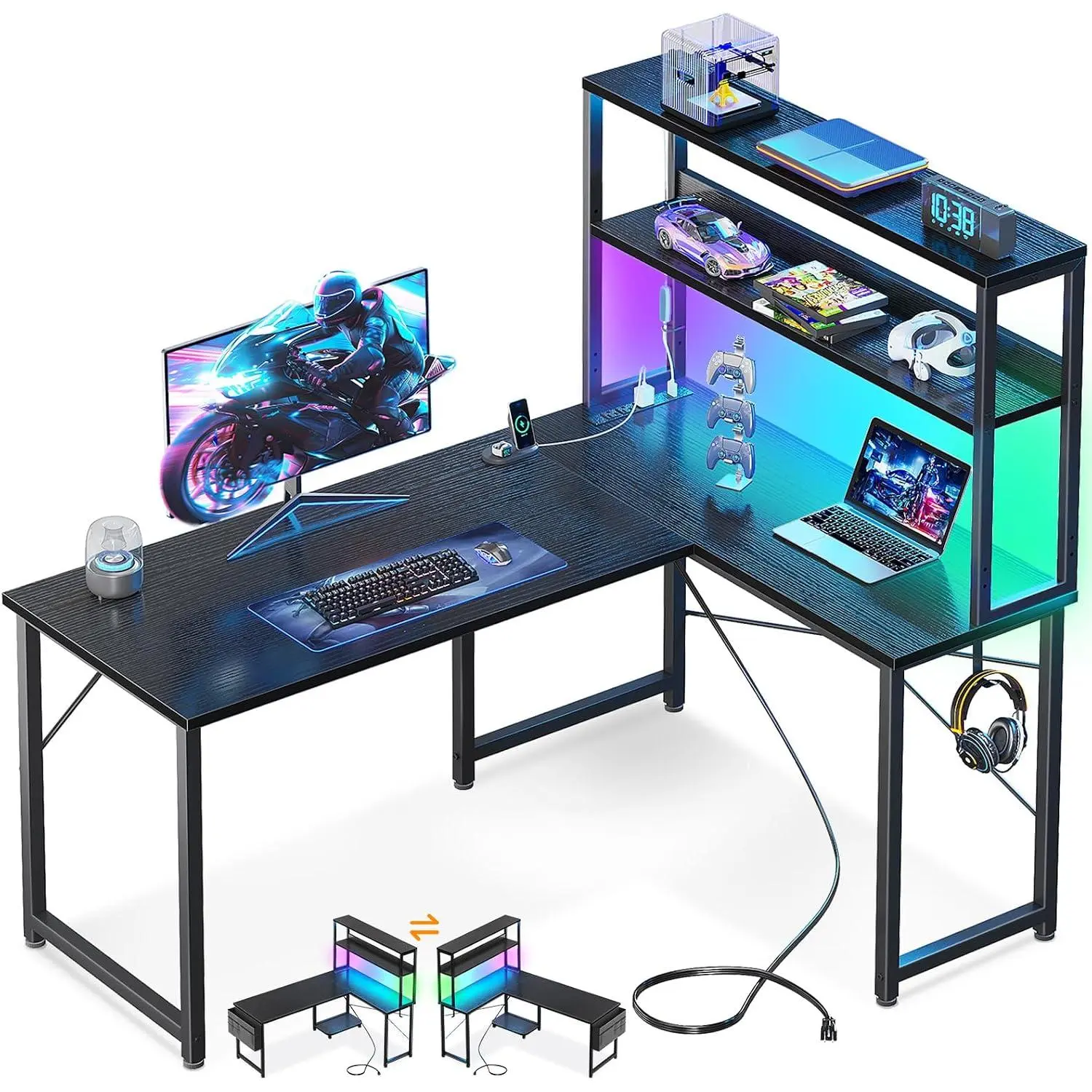L Shaped Gaming Desk with Hutch & Power Outlet & LED Lights | 43 Inch Black Reversible L Shaped  Desk with Shelves & Storage Bag, Corner Desk for  Office
